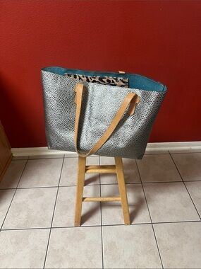 Metallic Silver Tote Bag with Tan Straps